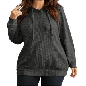 Bloomchic Gray Waffle Knit Hooded Drawstring sweatshirt